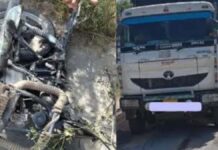 A speeding dumper truck rammed into a bike carrying four people