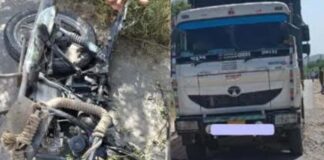 A speeding dumper truck rammed into a bike carrying four people